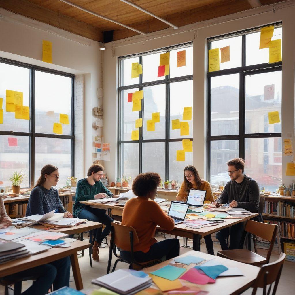 A captivating scene featuring a diverse group of creators brainstorming around a large table cluttered with notebooks, laptops, and colorful post-it notes, while a vibrant video screen displays engaging visuals and keywords related to creative writing. The atmosphere should be warm and inspiring, with natural light streaming in through large windows. Layered backgrounds showing animated text and images evoking emotion and storytelling. watercolor style. vibrant colors. soft focus.