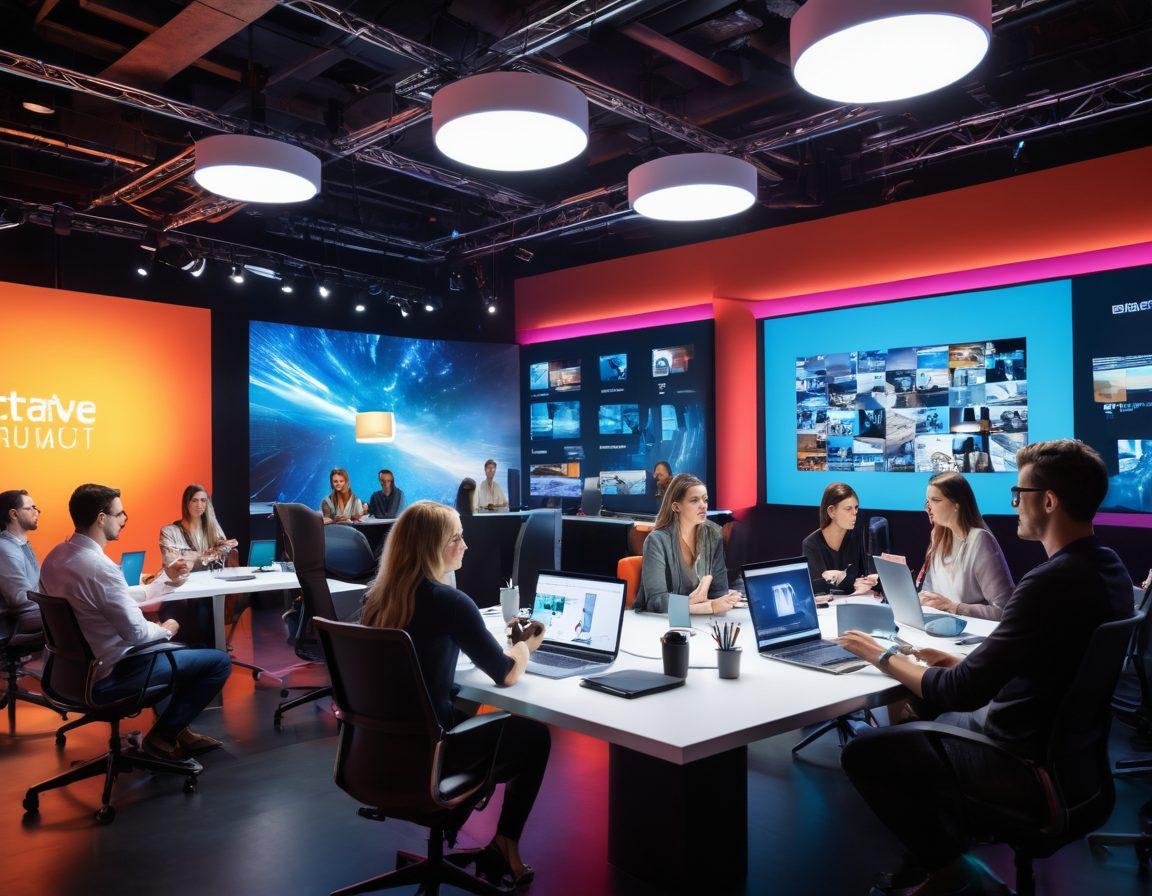 A dynamic scene showcasing a diverse group of bloggers engaging passionately in a high-tech environment, surrounded by AV technology like microphones, cameras, and screens displaying creative visuals. The atmosphere is buzzing with energy and creativity, highlighting the power of collaboration and innovation in blogging. Bright colors and modern design elements enhance the futuristic feel. super-realistic. vibrant colors. 3D.